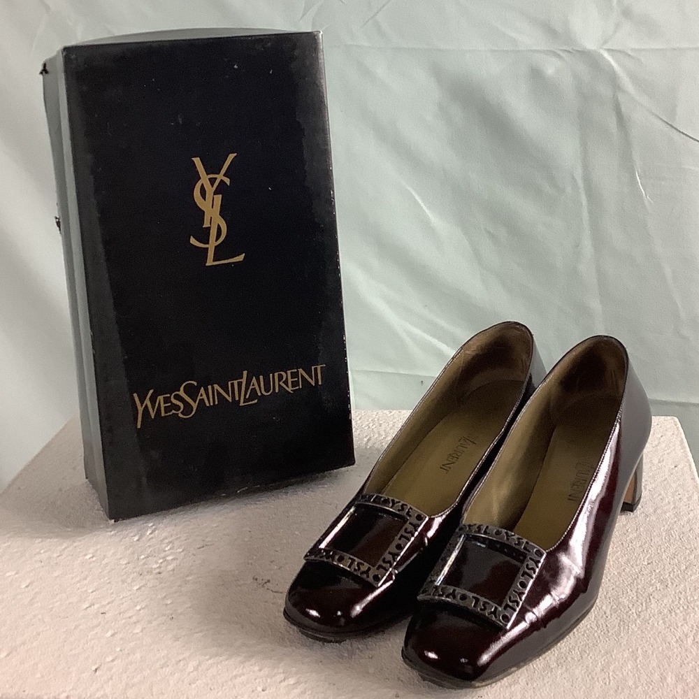 Vintage Yves Saint Laurent Burgundy Patent Leather Block Heel Pumps Size 8.5N